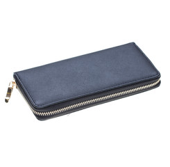 Woman navy blue purse, leather wallet,close up and isolated on white background