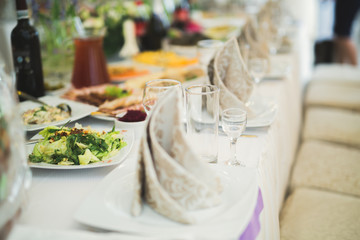 Interior of a restaurant prepared for wedding ceremony