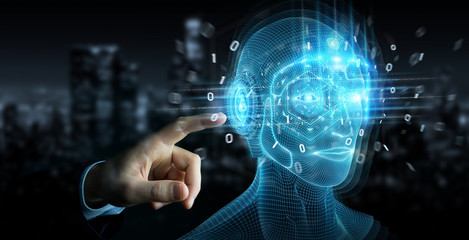 Businessman using digital artificial intelligence head interface 3D rendering