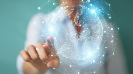 Businesswoman using Europe map globe network hologram 3D rendering