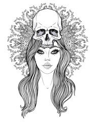 Shaman woman with a long hair and  human skull on her head. Vector  illustration with mandala background. Scary design for tattoo, hipster t-shirt design,