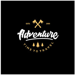 Adventure lettering logos with gold illustrations. Vintage logotype with Crossed Axes Vector for log design tamplate