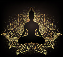 Chakra concept. Inner love, light and peace. Buddha silhouette in lotus position over ornate mandala. Vector illustration in gold  isolated. Buddhism esoteric motifs. - obrazy, fototapety, plakaty