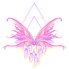 Obraz na płótnie Canvas Rainbow colors butterfly over sacred geometry sign, isolated vector illustration. Tattoo sketch. Mystical symbols and insects. Alchemy, occultism, spirituality.