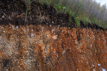 The curb erosion from storms. To indicate the layers of soil and rock. Nature cross section soil...