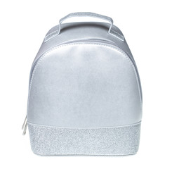 small leather backpack bag, silver color, close up and isolated on white background
