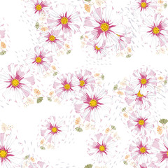 Fototapeta na wymiar Abstract grunge shapes and flowers wild chamomile seamless pattern. Daisy flower vector background.