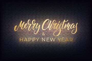 Merry Christmas and Happy New Year sign. Xmas and New Year glowing neon gold shiny design