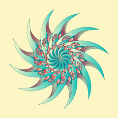 curved blades mandala rotating symbol sky blue red on ivory