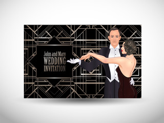 Art Deco vintage invitation template design with illustration of flapper girl. patterns and frames. Retro party background set (1920's style). Vector for glamour event