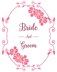Fototapeta na wymiar Card bride and groom, with cute green leafy flower frame. Vector
