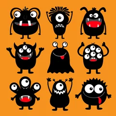 Fotobehang Monster black silhouette icon set. Happy Halloween. Eyes, tongue, tooth fang, hands up. Cute cartoon kawaii scary funny baby character. Orange background. Flat design. © worldofvector