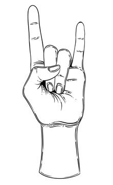 Rock and roll sign. Hand drawn illustration of human hand showing sign of the horns.