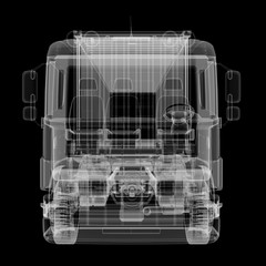 X-ray of heavy truck with semi-trailer on black background