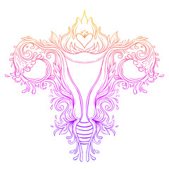 Decorative drawing of female reproductive system with flowers. Hand drawn uterus, womb. Girl power, feminism. Vector illustration isolated on white.