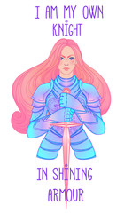 .Portrait of beautiful girl with a sword. Female knight in armour. Vector illustration. Medieval aesthetics. Girl power. Joan of Arc inspired. Sticker, patch, t-shirt design.