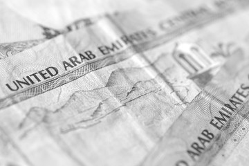 United Arab Emirates dirhams close up. Monochrome money background