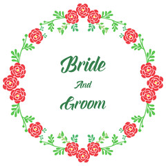 Handwritten text of bride and groom, with elegant green leaf flower frame. Vector