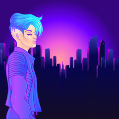 Portrait of a young pretty androgynous woman with short shaved pixie undercut in retro futurism style. Vector illustration in neon bright colors. Blue short hair. futuristic synth wave
