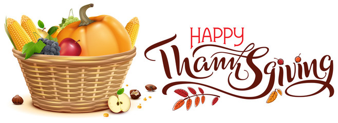 Happy Thanksgiving autumn harvest Festival. Full basket of vegetables