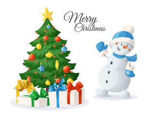 Cartoon vector illustration of snowman and decorated Christmas tree with gift boxes