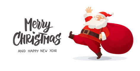 Funny cartoon Santa Claus with huge red bag with presents. Merry Christmas hand drawn text
