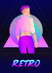 Portrait of a young pretty androgynous woman with short shaved pixie undercut in retro futurism style. Vector illustration in neon bright colors. futuristic synth wave flyer template