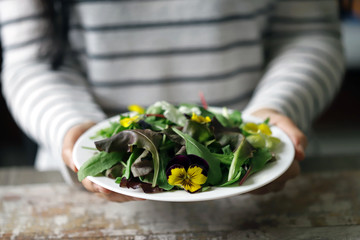 A plate of salad in the hands of a slender girl. Beautiful girl eating flowers salad. Diet concept. Healthy food concept.