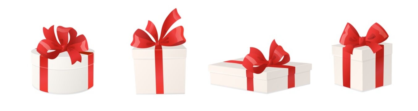Cartoon gift boxes with red bows isolated on white background, vector illustration.