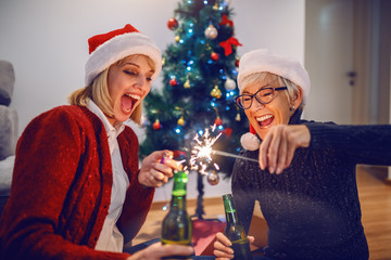 Happy beautiful caucasian blonde woman lightening sparkler and holding beer. Her mother holding sparkler and beer. Both having santa hats on heard. In background is christmas tree. Family time.