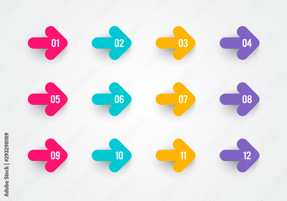 Poster vector illustration retro colorful arrow bullet points. number 1 to 12. web element.