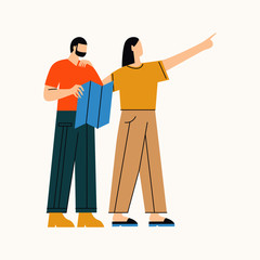 Woman and man go on trip. Man studying map and woman pointing at something in distance. Flat vector illustration