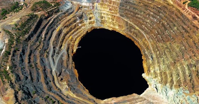 Open pit mine in the Rio Tinto in Spain. This is ore extraction in the production industry - aerial view with a drone - industry and landscape concept