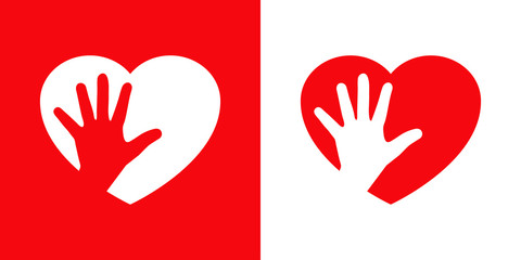 Obraz premium Logotipo con corazón con mano en rojo y blanco