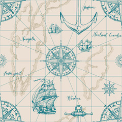 Vector abstract seamless background on the theme of travel, adventure and discovery. Old map with caravels, vintage sailing yachts, wind roses, anchors and handwritten inscriptions in retro style