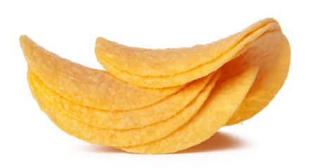 Potato chips close up on white background