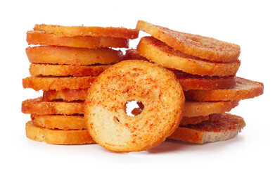 Dried bread crisps isolated on white background