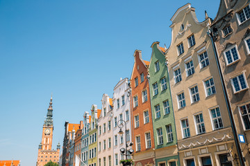 Colorful buildings and Town Hall at Dlugi Targ (Long Market) street in Gdansk, Poland