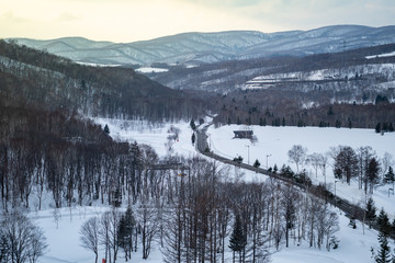 Fototapeta na wymiar Winter snow mountain forest with road landscape.