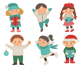 Vector set of happy children in different poses for Christmas design. Cute winter kids illustration with presents, decorations, hot drink. Funny boy jumping with joy. Skating girl in earmuffs. .