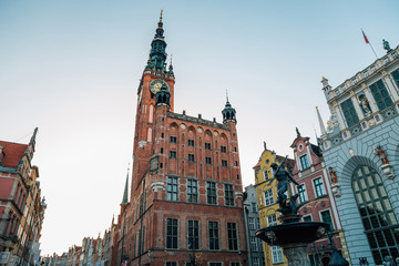 Town Hall and Neptune's Fountain at Dlugi Targ (Long Market) street in Gdansk, Poland
