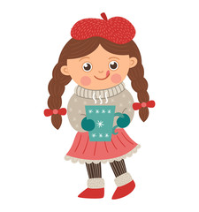Vector happy girl with long brown hair in plaits holding a mug with hot drink. Cute winter kid illustration isolated on white background. Funny flat style picture for Christmas, New Year design.