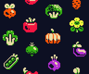Obraz na płótnie Canvas Vegetables seamless pixel art pattern, radishes, zucchini, carrots, pumpkin, broccoli. Design for web, logo, badges and patches, mobile app. Isolated vector illustration.