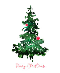 Christmas tree card. Watercolor paint greeting.