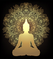 Chakra concept. Inner love, light and peace. Buddha silhouette in lotus position over ornate mandala. Vector illustration in gold  isolated. Buddhism esoteric motifs. - obrazy, fototapety, plakaty