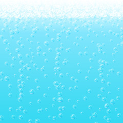 Fizzy water, soda. Vector illustration with air bubbles and foam on blue background.