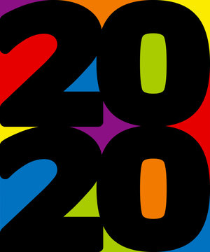 Carte de vœux originale et décorative avec 2020 écrit en lettres noires sur un fond multicolore, composé de rouge, de bleu, de jaune et de vert.