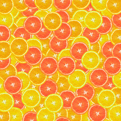 Colorful orange fruit slices pattern frame on blue background.