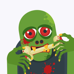 Green zombie greedily swallows a bloody bone.