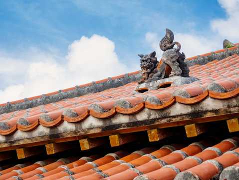 OKINAWA Lion on Ryukyu architecture Roof Art Okinawa island Japan